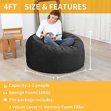 4FtLarge Bean Bag Chair for Adult,Comfy Fluffy Velvet Bean Bag Couch with Memory Foam&Washable Cover