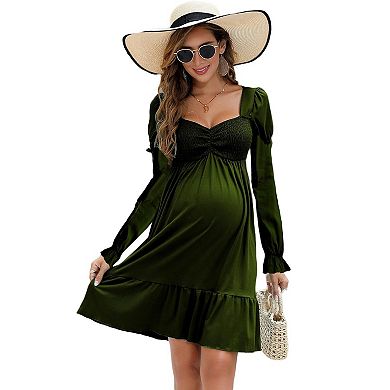 Womens Maternity Dress Lantern Sleeve Babydoll Dress High Rise Smocked Wasit Flounce Hem Midi Dress