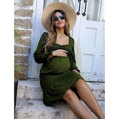 Womens Maternity Dress Lantern Sleeve Babydoll Dress High Rise Smocked Wasit Flounce Hem Midi Dress