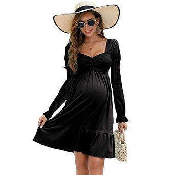 Womens Maternity Dress Lantern Sleeve Babydoll Dress High Rise Smocked Wasit Flounce Hem Midi Dress