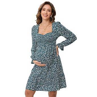 Womens Maternity Dress Lantern Sleeve Babydoll Dress High Rise Smocked Wasit Flounce Hem Midi Dress