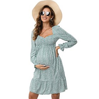 Womens Maternity Dress Lantern Sleeve Babydoll Dress High Rise Smocked Wasit Flounce Hem Midi Dress