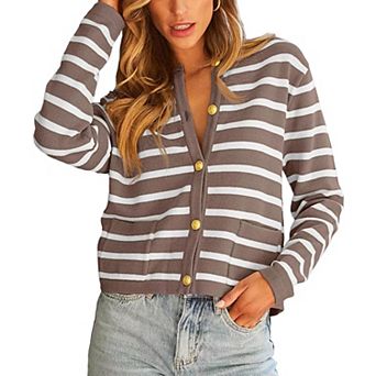 Stripe Cardigan for Women Open Front Knitted Sweater Long Sleeve Button Down Outwear