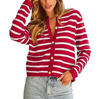 Stripe Cardigan for Women Open Front Knitted Sweater Long Sleeve Button Down Outwear