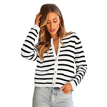 Stripe Cardigan for Women Open Front Knitted Sweater Long Sleeve Button Down Outwear