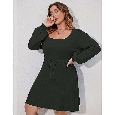 Plus Size Sweater Dress Long Lantern Sleeve Tie Waist Sweater Dresses for Women