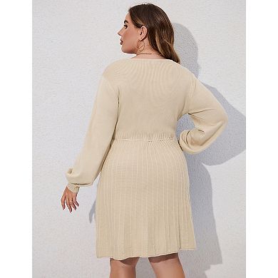 Plus Size Sweater Dress Long Lantern Sleeve Tie Waist Sweater Dresses for Women