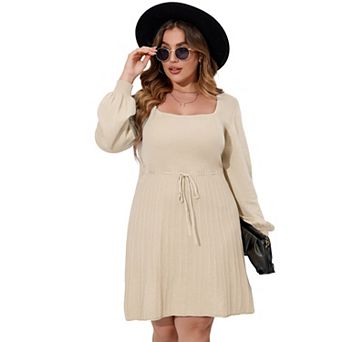 Plus Size Sweater Dress Long Lantern Sleeve Tie Waist Sweater Dresses for Women