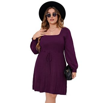 Plus Size Sweater Dress Long Lantern Sleeve Tie Waist Sweater Dresses for Women