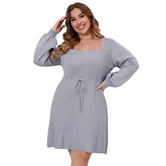 Plus Size Sweater Dress Long Lantern Sleeve Tie Waist Sweater Dresses for Women