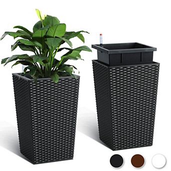 15.6 Inch Tall Planter Set of 2 Large Rattan Flower Pot w/2 Trays & a Water Level Monitor & Wheels