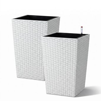 15.6 Inch Tall Planter Set of 2 Large Rattan Flower Pot w/2 Trays & a Water Level Monitor & Wheels