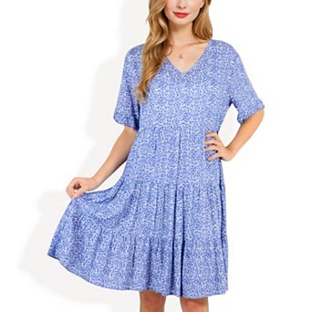 Women's V-Neck Floral Print Ruffle Hem Dress with Short Sleeves