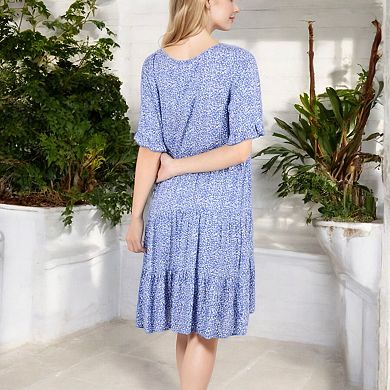 Women's V-Neck Floral Print Ruffle Hem Dress with Short Sleeves