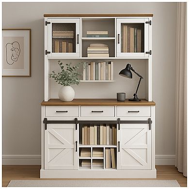 Buffet Cabinet With Hutch and Sliding Barn Door, Farmhouse Kitchen Buffet Sideboard Storage