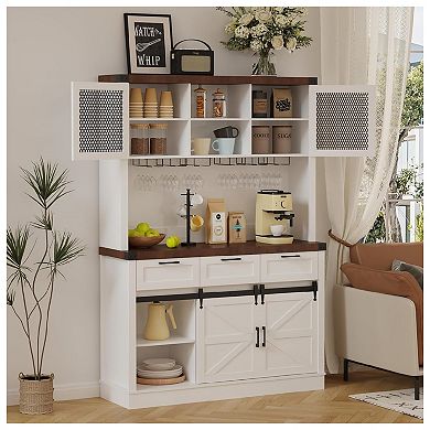 Buffet Cabinet With Hutch and Sliding Barn Door, Farmhouse Kitchen Buffet Sideboard Storage