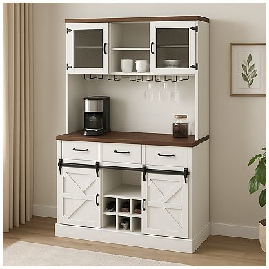 Buffet Cabinet With Hutch and Sliding Barn Door, Farmhouse Kitchen Buffet Sideboard Storage