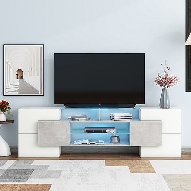 Whisen Gloss TV Stand with 2 Glass Shelves, Unique Shape Entertainment Center