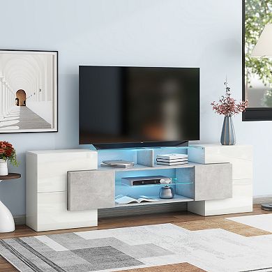 Whisen Gloss TV Stand with 2 Glass Shelves, Unique Shape Entertainment Center