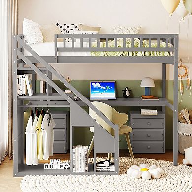 Whisen Compact Loft Bed with Storage Staircase, Two Chest of Drawers, Desk and Light Strip