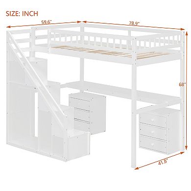 Whisen Compact Loft Bed with Storage Staircase, Two Chest of Drawers, Desk and Light Strip
