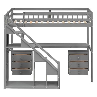 Whisen Compact Loft Bed with Storage Staircase, Two Chest of Drawers, Desk and Light Strip