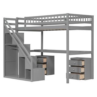 Whisen Compact Loft Bed with Storage Staircase, Two Chest of Drawers, Desk and Light Strip