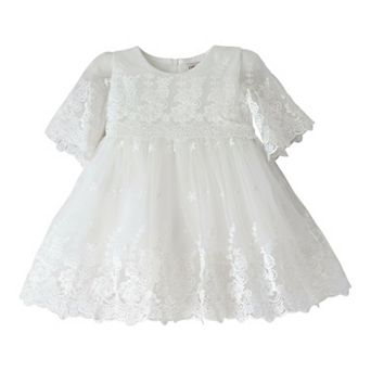 Baby Girls Lace Flutter-Sleeve Baptism Dress Christening Gown with Bonnet