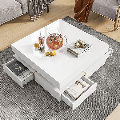 Whisen Modern High Gloss Coffee Table with 4 Drawers & Wood Grain Legs