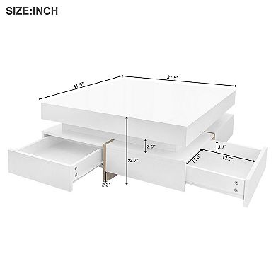 Whisen Modern High Gloss Coffee Table with 4 Drawers & Wood Grain Legs