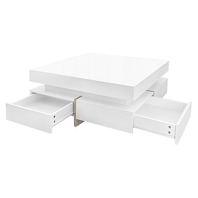 Whisen Modern High Gloss Coffee Table with 4 Drawers & Wood Grain Legs