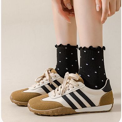 Women's Polka Dot Ankle Socks Set Soft Cotton Blend Ruffle Trim Cuff Multiple Color Combos 5 Pairs