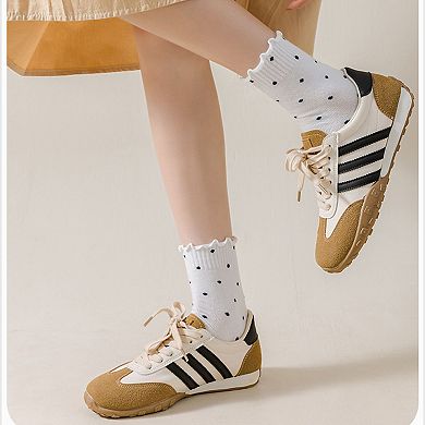 Women's Polka Dot Ankle Socks Set Soft Cotton Blend Ruffle Trim Cuff Multiple Color Combos 5 Pairs