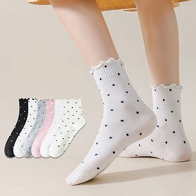 Women's Polka Dot Ankle Socks Set Soft Cotton Blend Ruffle Trim Cuff Multiple Color Combos 5 Pairs