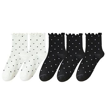 Women's Polka Dot Ankle Socks Set Soft Cotton Blend Ruffle Trim Cuff Multiple Color Combos 5 Pairs