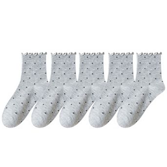 Women's Polka Dot Ankle Socks Set Soft Cotton Blend Ruffle Trim Cuff Multiple Color Combos 5 Pairs