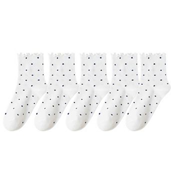 Women's Polka Dot Ankle Socks Set Soft Cotton Blend Ruffle Trim Cuff Multiple Color Combos 5 Pairs