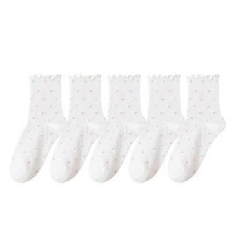 Women's Polka Dot Ankle Socks Set Soft Cotton Blend Ruffle Trim Cuff Multiple Color Combos 5 Pairs