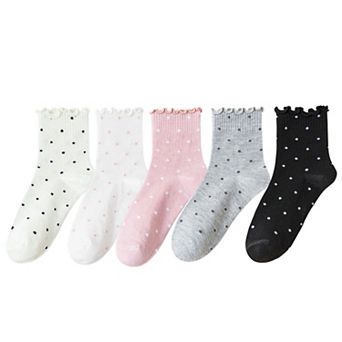 Women's Polka Dot Ankle Socks Set Soft Cotton Blend Ruffle Trim Cuff Multiple Color Combos 5 Pairs