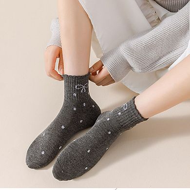 Women's Soft Cotton Ankle Socks with Bow Embroidery Polka Dot Design 4 Pairs