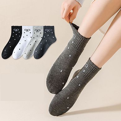 Women's Soft Cotton Ankle Socks with Bow Embroidery Polka Dot Design 4 Pairs