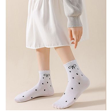 Women's Soft Cotton Ankle Socks with Bow Embroidery Polka Dot Design 4 Pairs