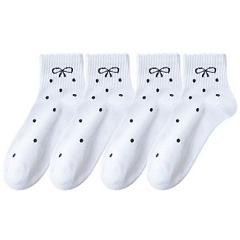Women's Soft Cotton Ankle Socks with Bow Embroidery Polka Dot Design 4 Pairs