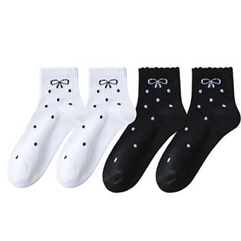 Women's Soft Cotton Ankle Socks with Bow Embroidery Polka Dot Design 4 Pairs