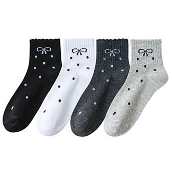 Women's Soft Cotton Ankle Socks with Bow Embroidery Polka Dot Design 4 Pairs