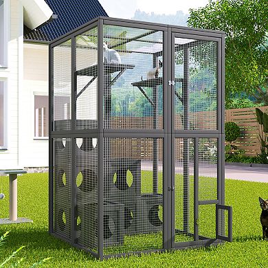 LOVMOR Outdoor Cat Catio Cat shelves Grey pine wood Playground