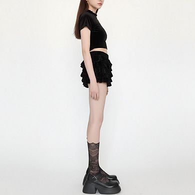 Women's Mid-Calf Lace Socks with Scalloped Edge and Intricate Floral Pattern