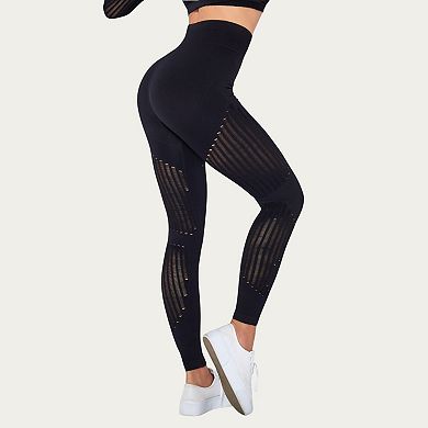 Womens's Seamless High Waist Patterned Leggings with Ribbed Details and Contouring Panels
