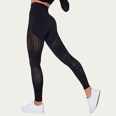 Womens's Seamless High Waist Patterned Leggings with Ribbed Details and Contouring Panels