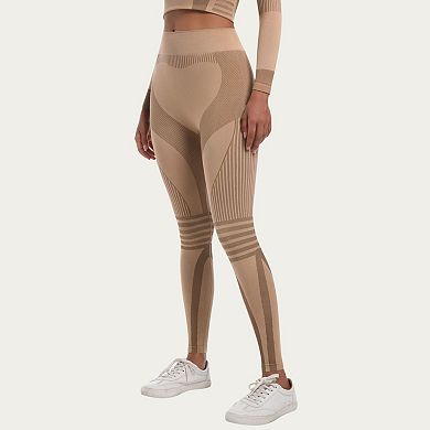 Womens's Seamless High Waist Ribbed Leggings with Sculpting Contour Panels and Compression Fit